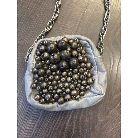 ANTIK BATIK Gray Leather Boho Fashionable Beaded Mini Bag with Chain Strap - Picture 2 of 11